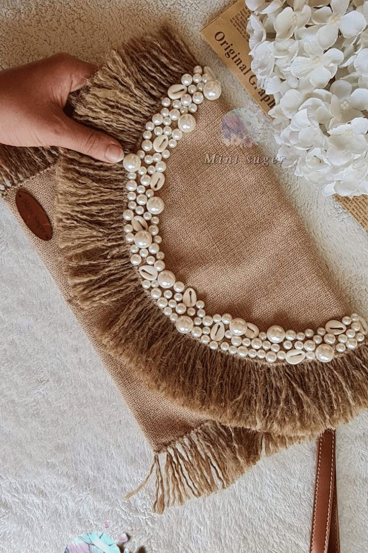 Jute Clutch with Shell and Pearl Embellishments
